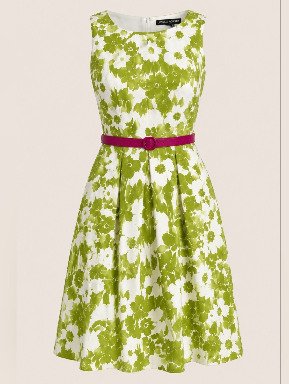 Jessica Howard Green White Floral Fit & Flare Midi Dress Pink Belt NWT Women 16.